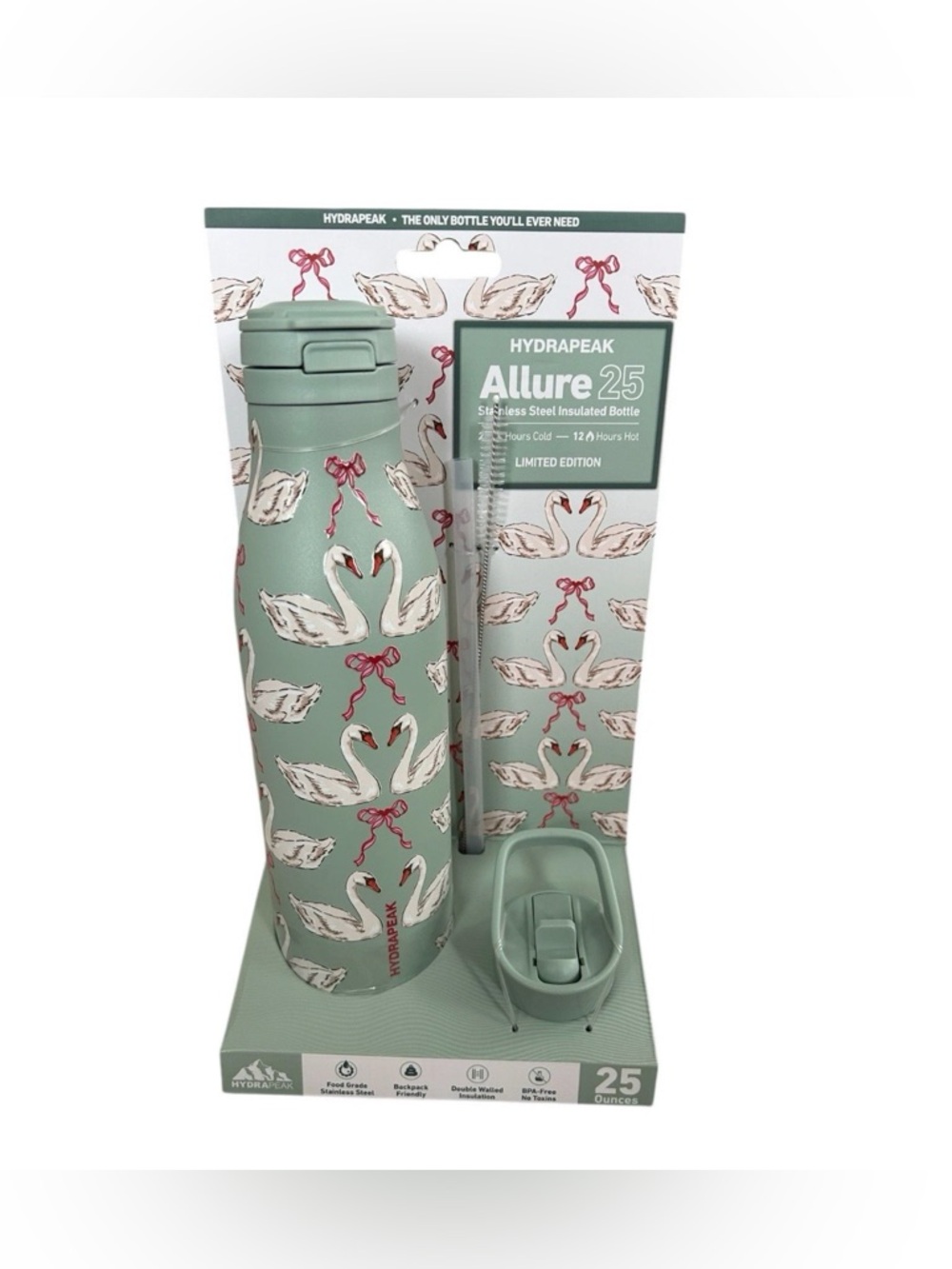 HYDRAPEAK Allure Green Swan Bow 25oz Stainless Steel Bottle Limited Edition NEW
